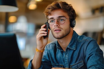 young man wearing glasses and headphones talking on smartphone while working on laptop in modern indoor setting