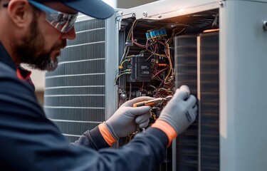 Technician wearing gloves and protective glasses repairing or inspecting the intricate wiring inside an air conditioning unit