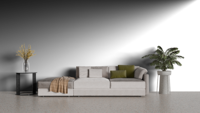 3D render a white couch with pillows and a plant