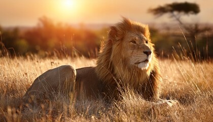majestic lion resting in golden grasslands during sunset in the wild generative ai