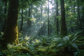 Obraz premium Sunlight filtering through dense green forest trees illuminating lush ferns and mossy trunks in a serene, misty woodland setting