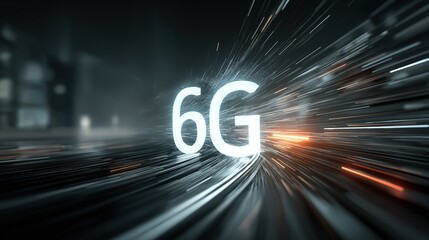 A dynamic, abstract image with a strong sense of speed, featuring a futuristic tunnel or highway with the text "6G" in the foreground.