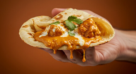 Delicious Indian Butter Chicken served with fluffy Naan bread in a hand