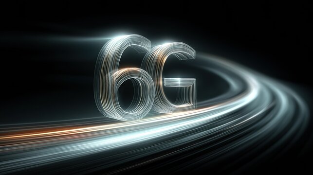 A dynamic 3D rendering of "6G" text surrounded by bright, high-speed light trails on a dark background