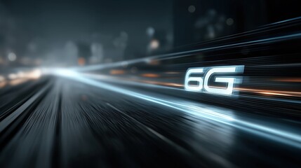 An abstract motion-blurred image of a high-speed data transfer tunnel with a glowing "6G" text in a futuristic city.