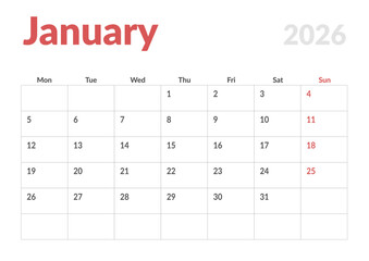 Monthly page Calendar Planner Template design of January 2026. Vector layout of calendar with week start Monday for Scheduling. Page for size A4 or 21x29.7 cm