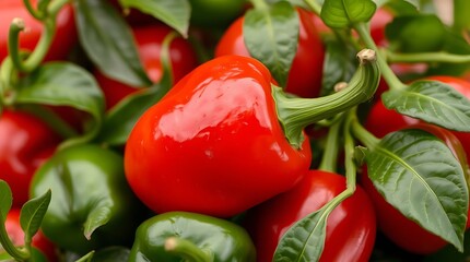 Close up of red and green chilli peppers with green leaves.