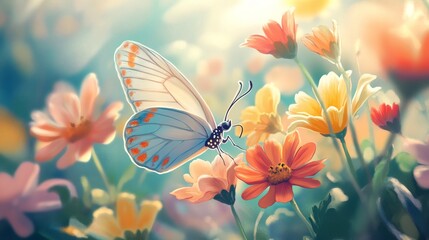Fototapeta premium A Beautiful Blue Butterfly Hovering Amongst Colorful Summer Flowers