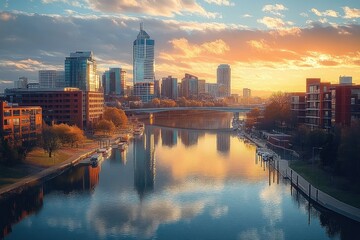 Fototapeta premium Cityscape with modern buildings along a calm river reflecting glowing sunset sky and soft clouds, creating a peaceful urban atmosphere