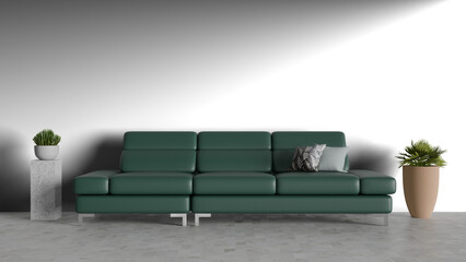 3D render a green couch sitting next to a plant