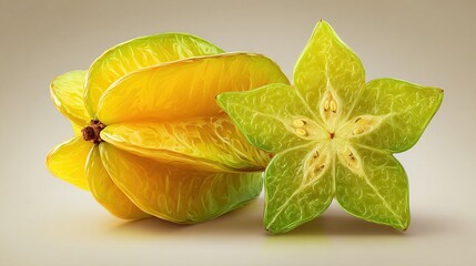 Starfruit pairing one whole, another halved revealing the star-shaped interior