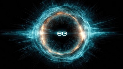 A dynamic 3D rendering of "6G" text surrounded by bright, high-speed light trails on a dark background