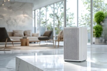 modern white air purifier positioned on a marble table in a bright living room with large windows and minimalistic furniture creating a calm and clean atmosphere
