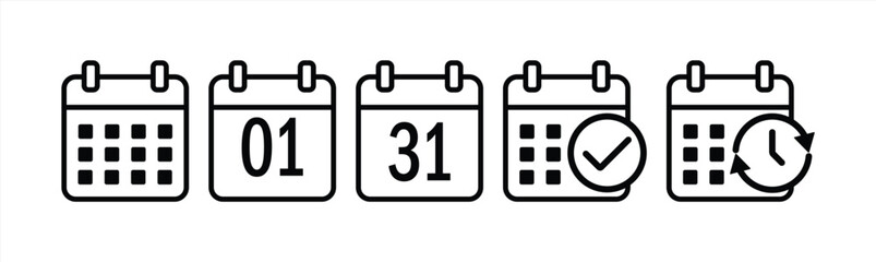 Calendar icon set. calendar planner icons for app, website, Ui. reminder organizer event signs. business plan schedule. vector symbol on transparent background
