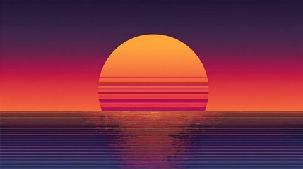 Retro sunset over a calm sea, depicted with a large, stylized orange sun and horizontal lines reflecting on the water, creating a vibrant 80s aesthetic