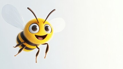 A cheerful cartoon bee with wings is flying in the sky