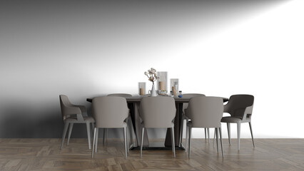 3D render a dining room table with chairs and a vase