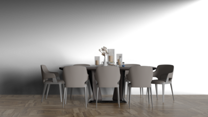3D render a dining room table with chairs and a vase