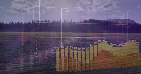 Sprayer moving across glowing crop field triggers grid overlay and rising 3D bars visualizing data - Powered by Adobe