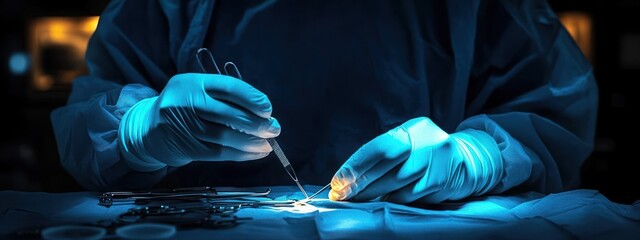 Close-up of gloved hands performing precise surgical procedure under focused blue lighting with medical instruments arranged on sterile drape, conveying concentration and care