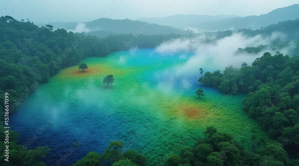 Poster co2 levels concept ,rainforest with color coded co2 layer camera top view showing mist and vibrant g