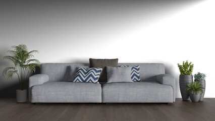3D render a couch with pillows and a potted plant