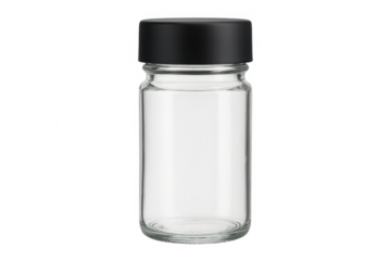 Glass spice jar featuring black lid, empty and waiting for seasoning storage, positioned against transparent background