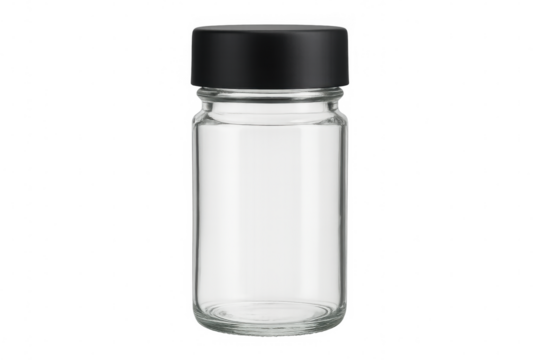 Glass spice jar featuring black lid, empty and waiting for seasoning storage, positioned against transparent background