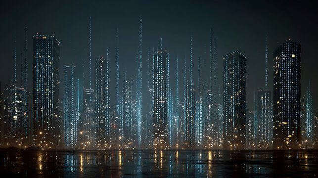 Futuristic city skyline at night with glowing buildings and vertical binary code representing data stream smart city technology network infrastructure and digital urban communication system