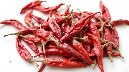 Dried red hot chili peppers on a white background.