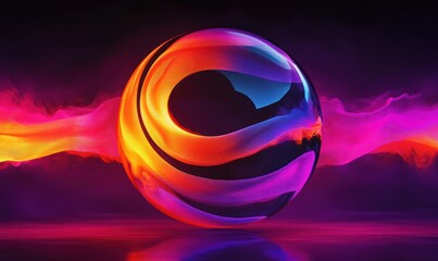Glowing spherical orb with swirling vibrant orange, pink, purple, and blue light bands set against a dark background, evoking energy and dynamic motion