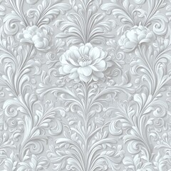 Intricate embossed floral pattern with elegant leaves and blooming flowers in soft white and grey tones creating a delicate and ornamental texture