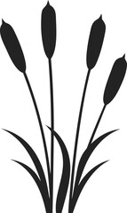 Solid silhouette of cattail plant, wetland flora with white background.