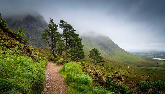 ben venue in scotland from the leannach trail on a rainy misty day trees and the trail leading to the mountain base uk