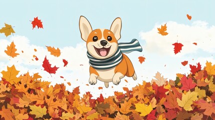 A smiling cartoon corgi dog jumps joyfully in autumn leaves