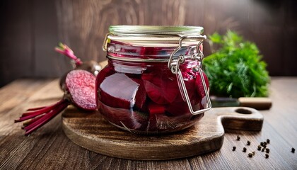 delicious homemade pickled beets in a glass jar with herbs on a rustic background generative ai