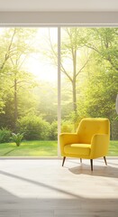 Serene Living Room with Yellow Armchair and Stunning Garden View