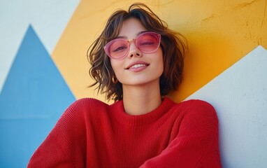 Young woman with short wavy hair wearing red sweater and pink tinted sunglasses smiling with colorful geometric background