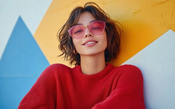 Young woman with short wavy hair wearing red sweater and pink tinted sunglasses smiling with colorful geometric background