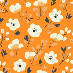 Seamless pattern of delicate white and beige flowers with navy and beige leaves on a bright orange background conveying warmth and cheerfulness