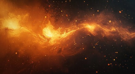 Fototapeta premium Glowing fiery orange and yellow cosmic nebula with swirling luminous gas clouds and scattered glowing particles against a dark space background conveying mystery and vastness