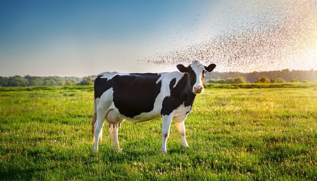 holstein cow with swarm of flies in green pasture under daylight conditions