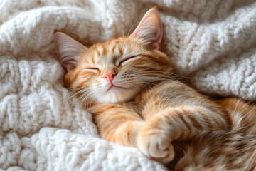 close-up of a ginger tabby cat sleeping peacefully on a chunky knit cream-colored blanket, exuding warmth and comfort