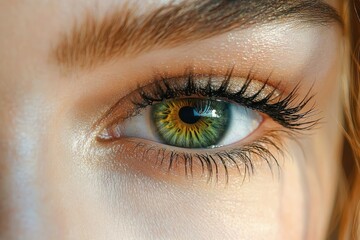 Fototapeta premium Close-up of a green eye with golden brown flecks surrounded by long dark eyelashes and smooth skin illuminated by natural light