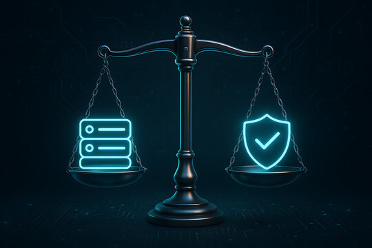 Digital balance scale with glowing server and shield icons symbolizing data protection cyber security ethics legal compliance and online safety in technology network system background