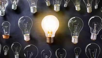 single illuminated light bulb stands out among unlit bulbs on chalkboard background