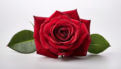 single red rose flower with leaf on white background