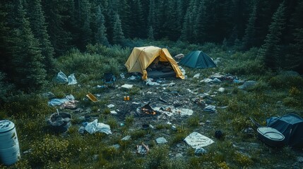 Obraz premium Disarrayed Campsite Surrounded by Lush Forest in Natural Environment