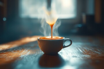 Steam Rising from Freshly Brewed Espresso in a White Coffee Cup