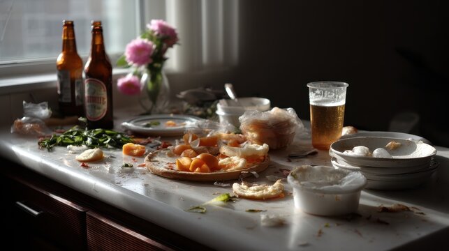 Morning after party scene with pizza crusts and beer bottles on kitchen counter